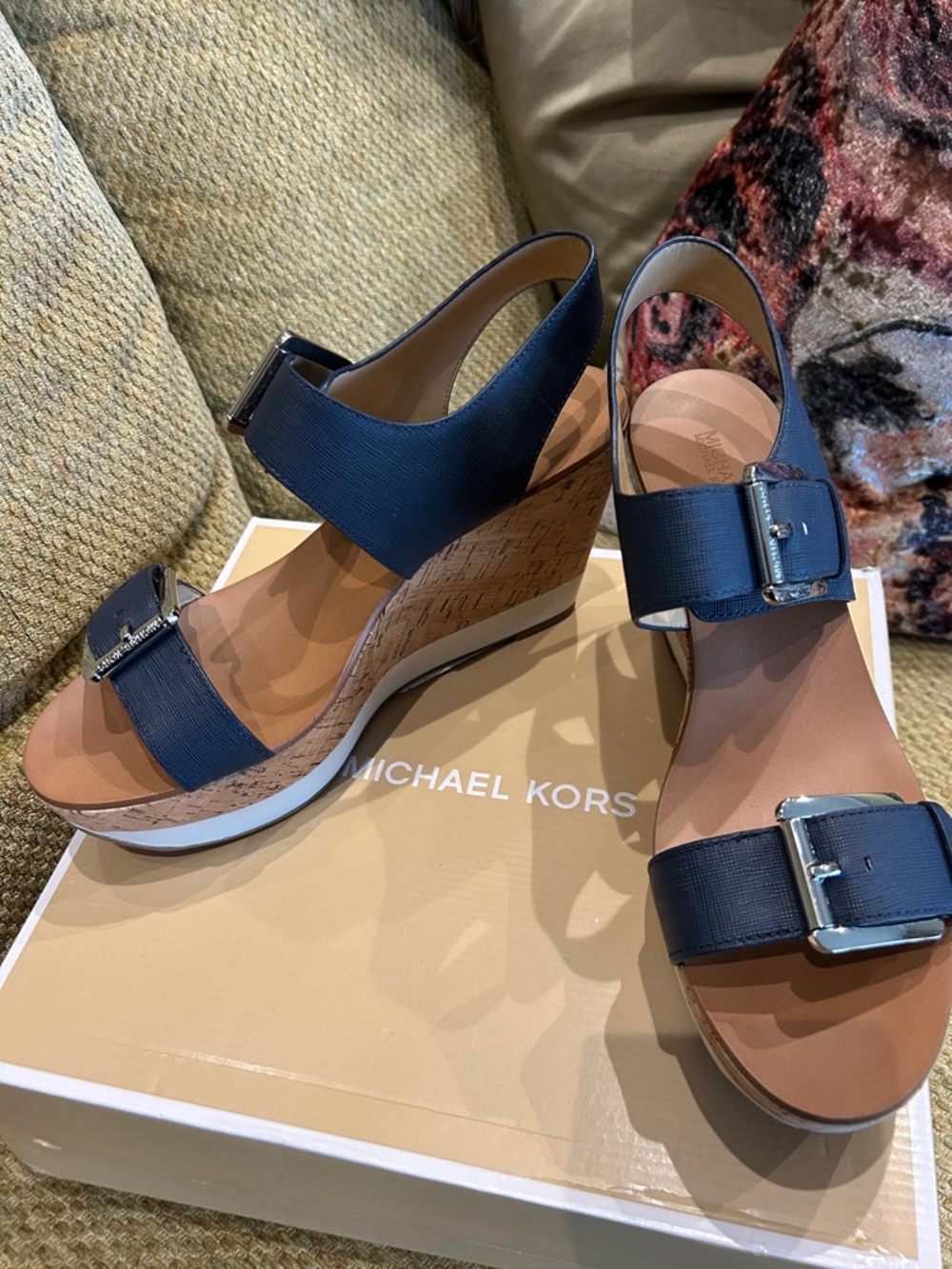 Micheal Kors Navy Buckle Cork Wedge Sandals-9.5M